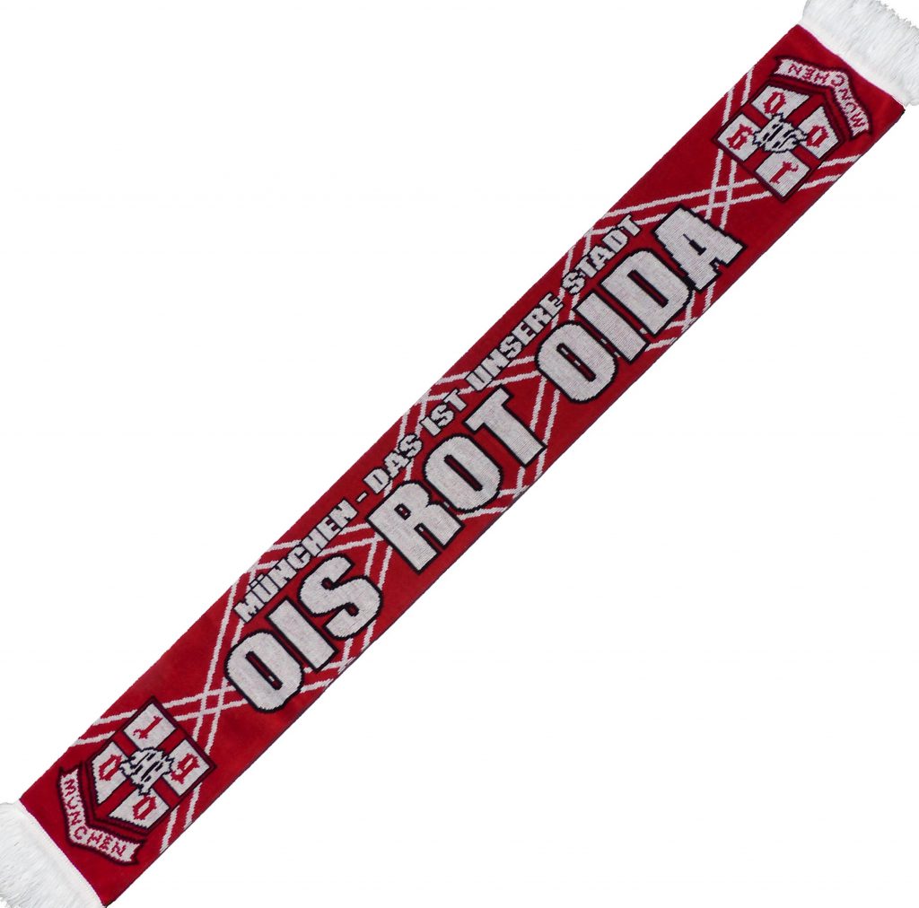 OIS ROT OIDA München Jaquardschal in rot-weiss. "OIS ROT OIDA - München das ist unsere Stadt" Material: 100% Acryl. Dieser Schal war bisher nur an unserem Fanshop im U-Bahnhof Fröttmaning bei Heimspielen des FC Bayern München erhältlich. Ab jetzt gibt es diesen Schal für Euch auch in unserem Online-Shop. Wenn Ihr diesen Schal bestellen solltet, haltet ihn (sowie auch Euere anderen roten Fanartikel) immer in Ehren! Dieser Schal ist mit viel Leidenschaft und Herzblut von unserem Fan-Point Team entworfen worden und hält von seiner Qualität her ewig. Einige von uns sind schon seit 1972 oder länger dabei, andere noch nicht so lange, oder manche erst relativ neu, aber alle sind rot bis unters Dach. Die ersten eigenen Fanartikel stellten wir damals im Olympiastadion her und 1994 haben wir dann unseren ersten Verkaufsstand am Oly gehabt. Für uns gilt es also wirklich "rot und weiss - ein Leben lang". Wir versuchen ständig zusammen mit unseren Produzenten die Qualität und die Designs zu verbessern. Das herstellen von rot-weissen Fanartikeln für uns nicht einfach ein Beruf, "nein" es ist eine Berufung und unsere größte Freude ist, wenn sie Euch gefallen. Und hier noch eine kleine Info zu der Bezeichnung "Jaquardschal", denn man sollte ja auch wissen was man da umhängen hat. Der Jaquardschal ist ein gewebter Schal. Seinen Namen hat er von einem Herrn namens, Joseh-Marie Jaguard, dem Erfinder des Jaquardwebstuhls mit dem sich Endlosmuster mit Hilfe einer Lochkartensteuerung herstellen liesen. Das Prinzip hat sich bis heute nicht verändert und die Lochkartensteuerung ist der Digitaltechnik gewichen. So tragen millionen Fußballfans auf der ganzen Welt, Woche für Woche ihre wunderschönen "Jauardschals" in ihren Farben und mit ihren Texten. (Am allerschönsten sind diese Schals aber noch immer, wenn sie rot-weiss sind und München draufsteht!) -- Schal in rot-weiss "OIS ROT OIDA - München das ist unsere Stadt" --