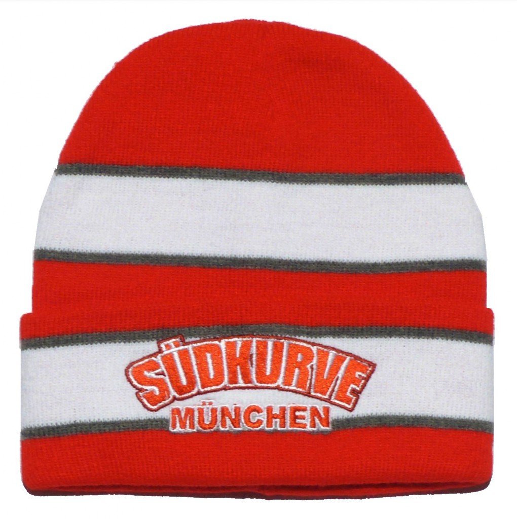 Südkurve München Mütze rot weiss Die rot-weisse Mütze "Südkurve München" ist eine feste Stickmütze für den Winter . Auf dem Falz ist in großen Buchstaben Südkurve und darunter in kleineren Buchstaben München eingestickt . Für alle die München und die Südkurve lieben . Marteial Südkurve München Mütze : 100% Polyacryl
